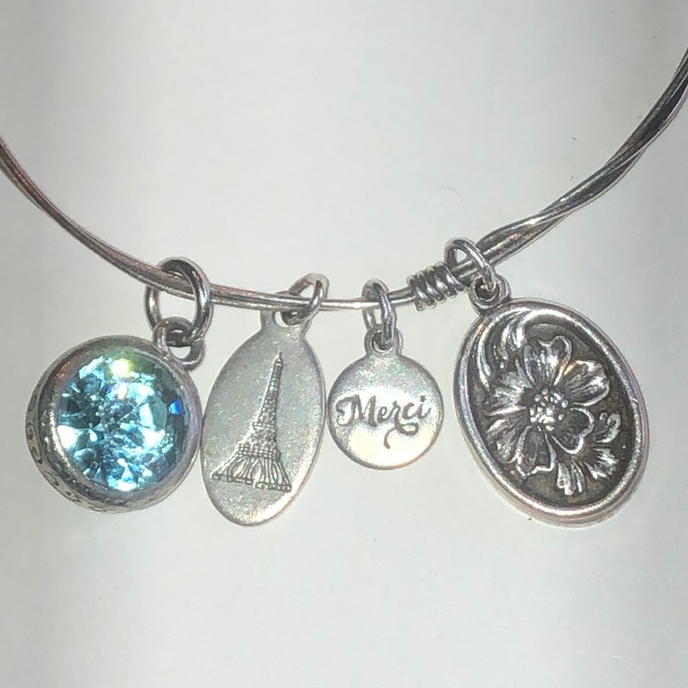 Beaucoup Designs Silver Tone Charm Bangle Bracelet with Merci Charm